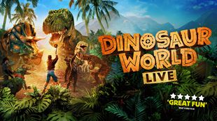 Dinosaur and an explorer in the jungle on a poster for Dinosaur World Live in London