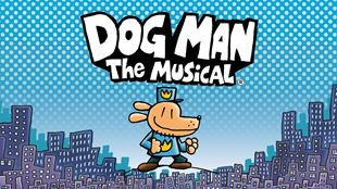 Cartoon illustration of Dog Man, a dog-headed character wearing a blue uniform with a yellow crown emblem, standing on a stylized cityscape of purple and blue buildings. Above him, bold white text reads ‘Dog Man The Musical’ against a blue dotted background.