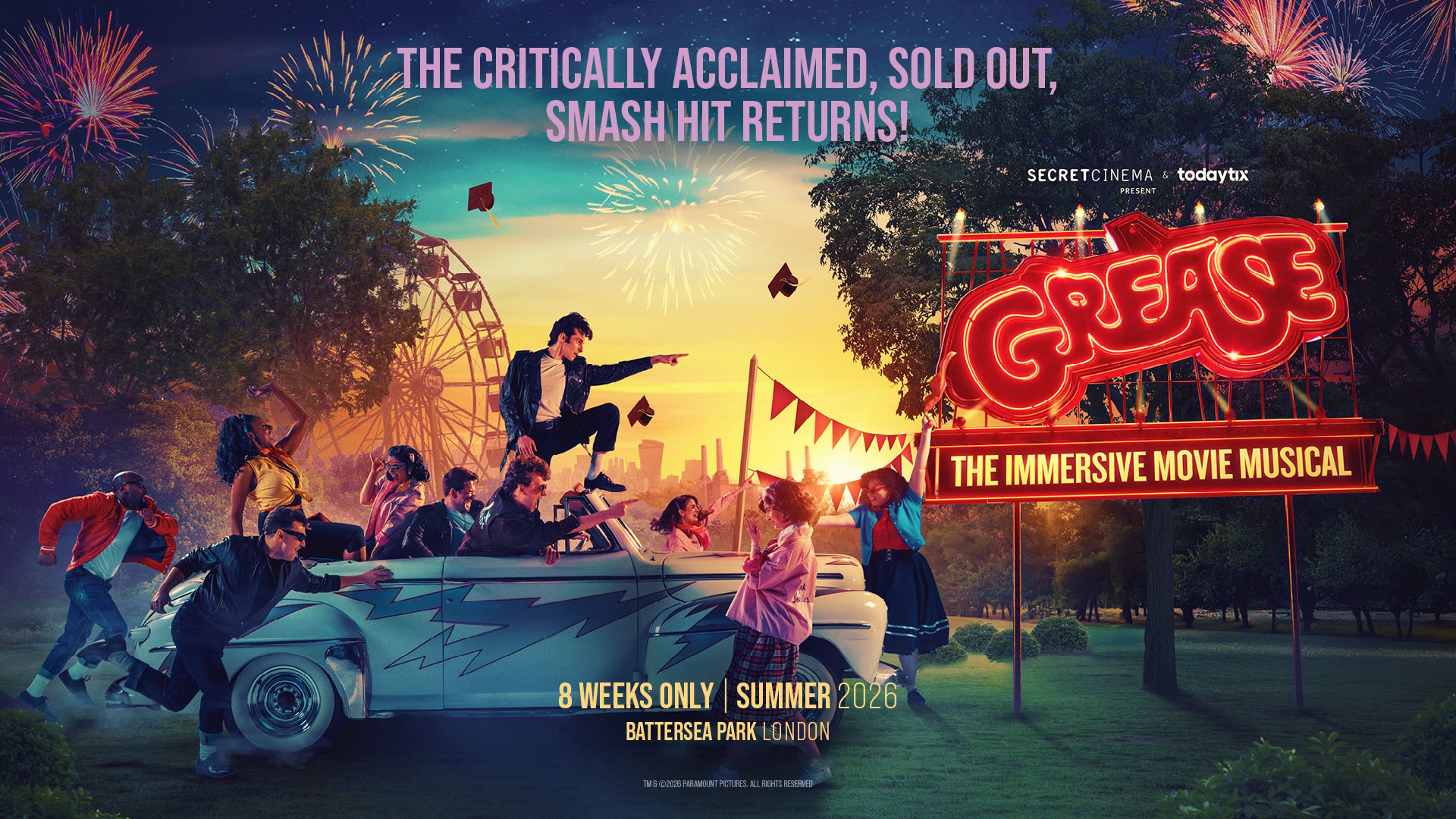 A group of teenagers sit on top of an convertible with a fairground ride looming in the background, alongside bold red letters spelling 'Grease: The Immersive Movie Musical'.