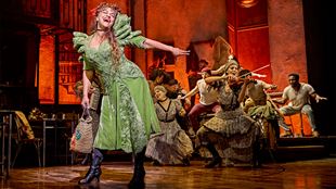 Wearing a long green flowy dress, Danielle de Niese plays Persephone and sings on the stage of the Lyric Theatre, with the other cast members seated behind her.