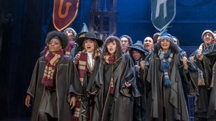 The cast on stage wearing school scarves and wizarding attire in Harry Potter and the Cursed Child
