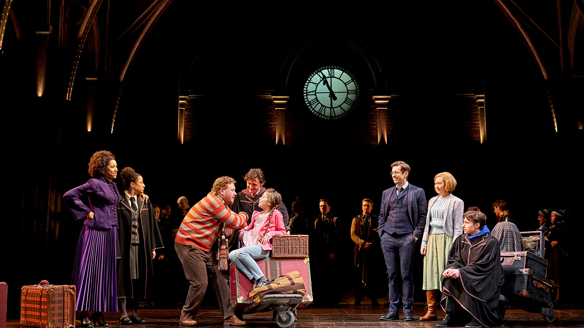 See JK Rowling's first theatre production and immerse yourself in the wizarding world with Harry Potter and the Cursed Child, currently at the Palace Theatre. ©London Theatre Direct Harry Potter and Ginny Weasley are at King's Cross with their three children waiting for their two oldest sons, James and Albus, to board the Hogwarts Express.