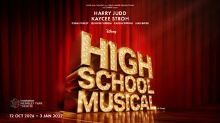 This is a promotional poster for High School Musical, showing the title in gold neon letters with a red curtain behind.