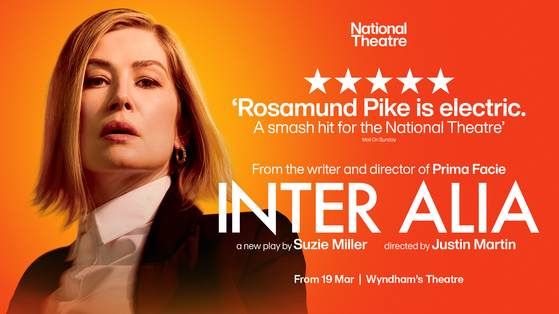 The artwork shows actress Rosamund Pike on the left, with the play's name, Inter Alia, written in bold white font on an orange, fiery background.