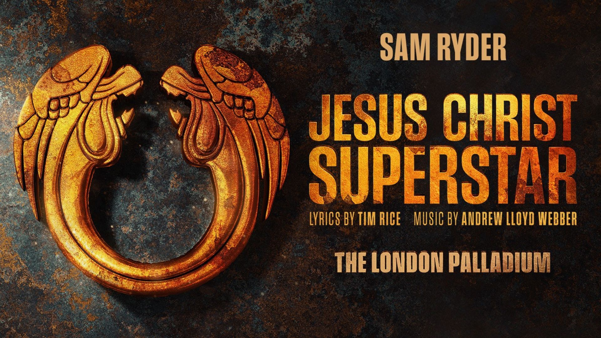 poster design for the Jesus Christ Superstar musical, with a dark marbled background and the name of the show in gold letters