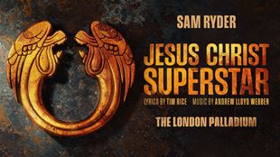 poster design for the Jesus Christ Superstar musical, with a dark marbled background and the name of the show in gold letters