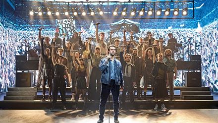 See the stage production of the iconic Live Aid concert with the London musical Just For One Day at the Shaftesbury Theatre. Image courtesy of Dewynters/Photos from the production of 2024 at the Old Vic.