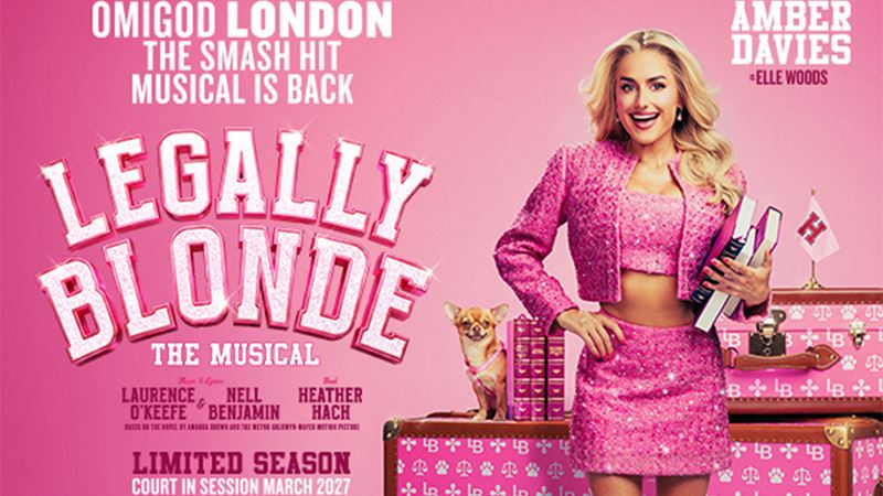 This artwork promotes the London musical Legally Blonde. Amber Davis is standing on the left, wearing an all-pink outfit against a pink background.