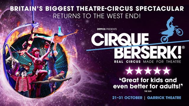 Cirque Berserk poster featuring an image of circus performers and acrobats against a dark purple background.