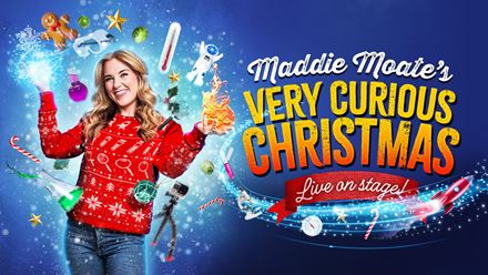 The Olivier-nominated family show Maddie Moate's Very Curious Christmas returns to the Apollo Theatre with plenty of chaos. Image courtesy of ANPR.