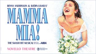 Official poster of the award-winning musical MAMMA MIA! showing a woman wearing a white dress and holding flowers.