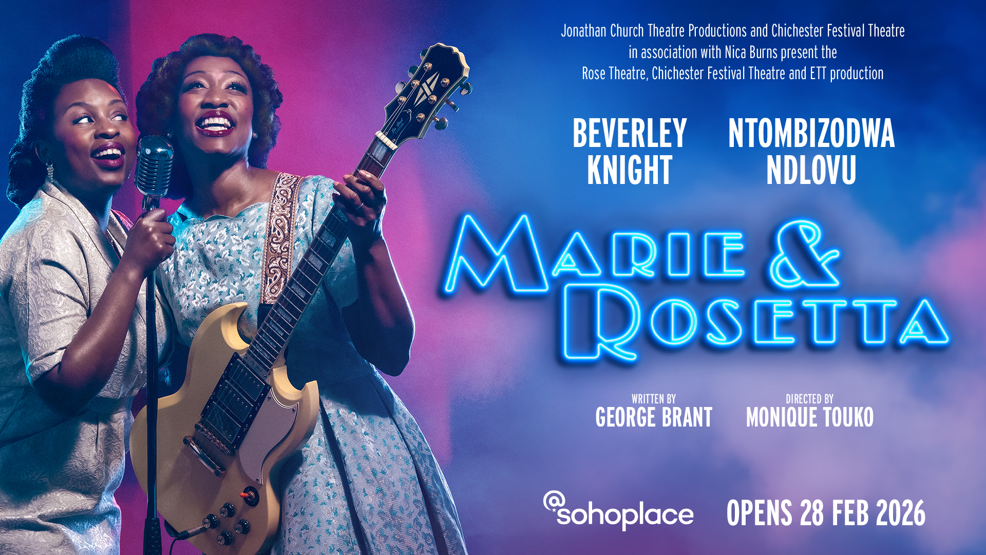 Come and see the musical Marie & Rosetta, and meet Sister Rosetta, the godmother of rock 'n' roll who influenced some of the biggest names in music, from Elvis to Johnny Cash. Image courtesy of London Theatre Direct. Artwork for the upcoming musical Marie and Rosetta, in which Beverley Knight plays the guitar and sings alongside Ntombizodwa Ndlovu.