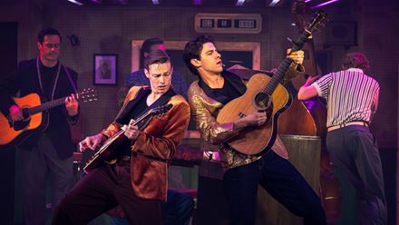 Watch the musical Million Dollar Quartet and witness history as Elvis Presley and Johnny Cash join other musicians for a legendary jam session. Image courtesy of London Theatre Direct.