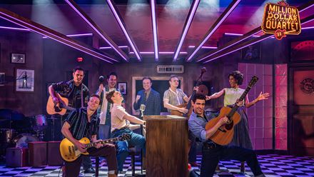 See the Million Dollar Quartet musical in London and experience a key moment in musical history featuring top hits such as 'Blue Suede Shoes' and many more. Image courtesy of London Theatre Direct.