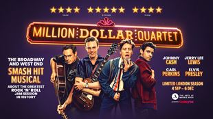 Artwork promoting the musical Million Dollar Quartet, featuring golden neon letters above a band of four members wearing colourful suits and holding musical instruments.