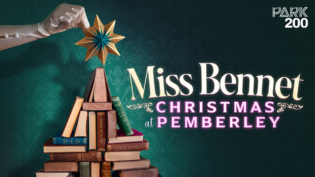 Miss Bennet: Christmas at Pemberley theatre artwork featuring a stack of vintage books, a gold star decoration and the show’s title against a dark green patterned background.
