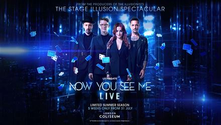 See the spectacular stage illusion show Now You See Me, which brings the characters from the film The Four Horsemen to the London Coliseum stage. Image courtesy of Buchanan PR.