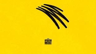 Artwork for the Olivier Award-winning musical Operation Mincemeat, featuring the musical's name shaped like a briefcase against a vivid yellow background.