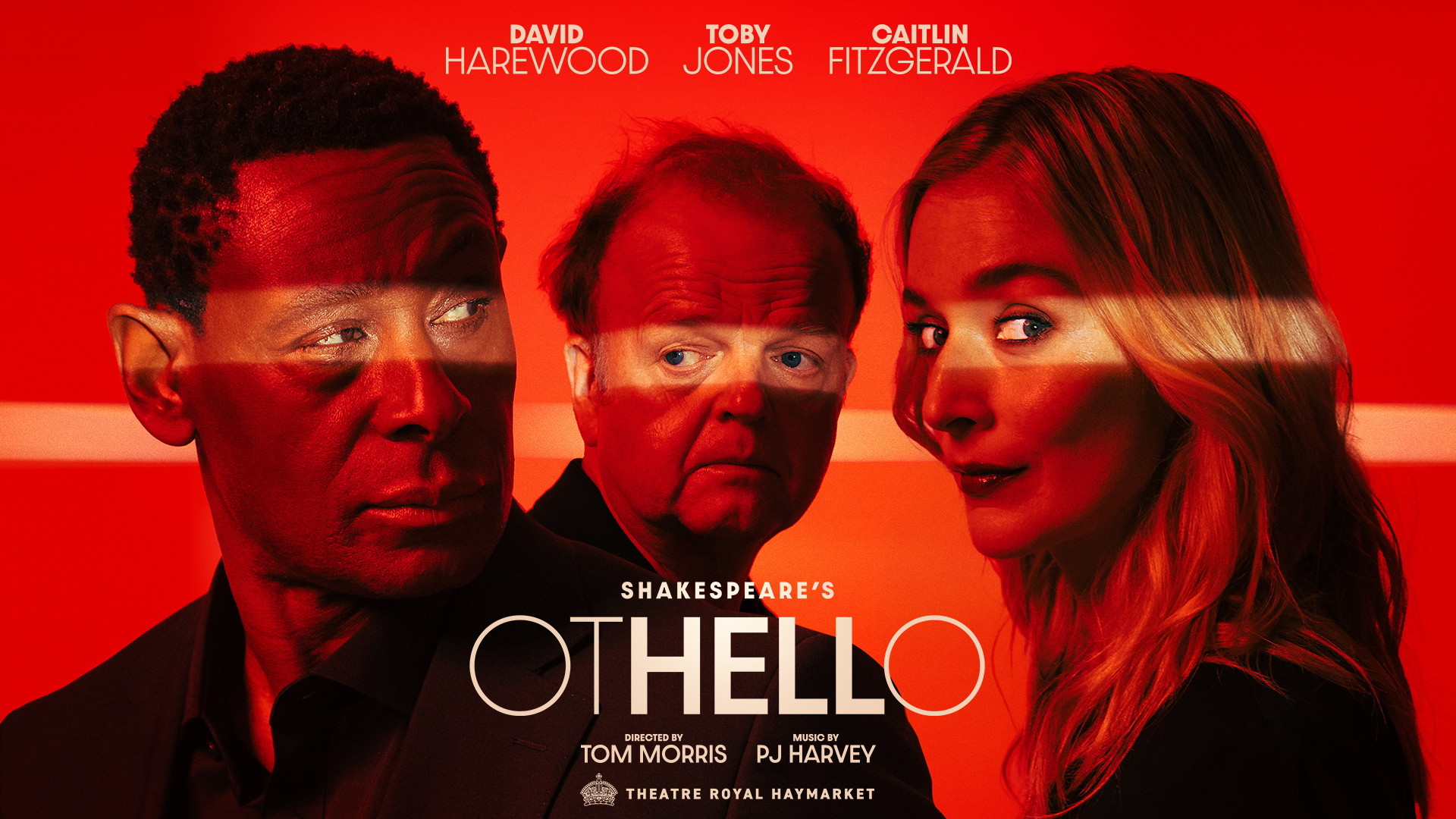 See one of Shakespeare's finest works, Othello, this time starring David Harewood, Toby Jones and Caitlin FitzGerald. Image courtesy of London Theatre Direct The three actors in the new London stage adaptation of Othello are looking sideways while bathed in red light.