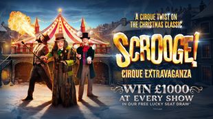 Poster artwork of characters from Scrooge standing smiling in front of a circus top, with gold lettering for the show.