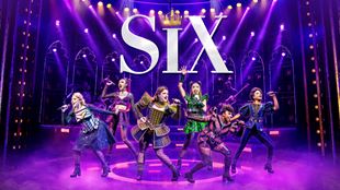 Official poster of Six the Musical portraying the six Tudor Queens with colourful outfits singing on stage.