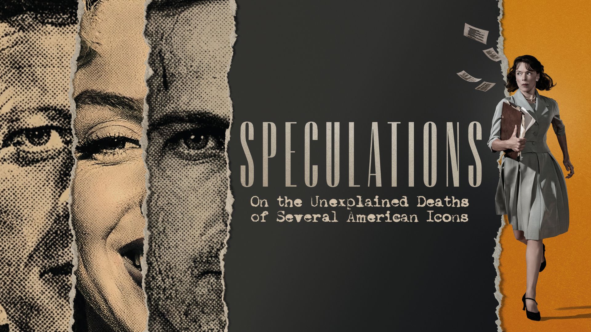 "Speculations" artwork featuring illustrations of the faces of John F. Kennedy, Marilyn Monroe and Lee Harvey Oswald next to a portrait illustration of Dorothy Kilgallen
