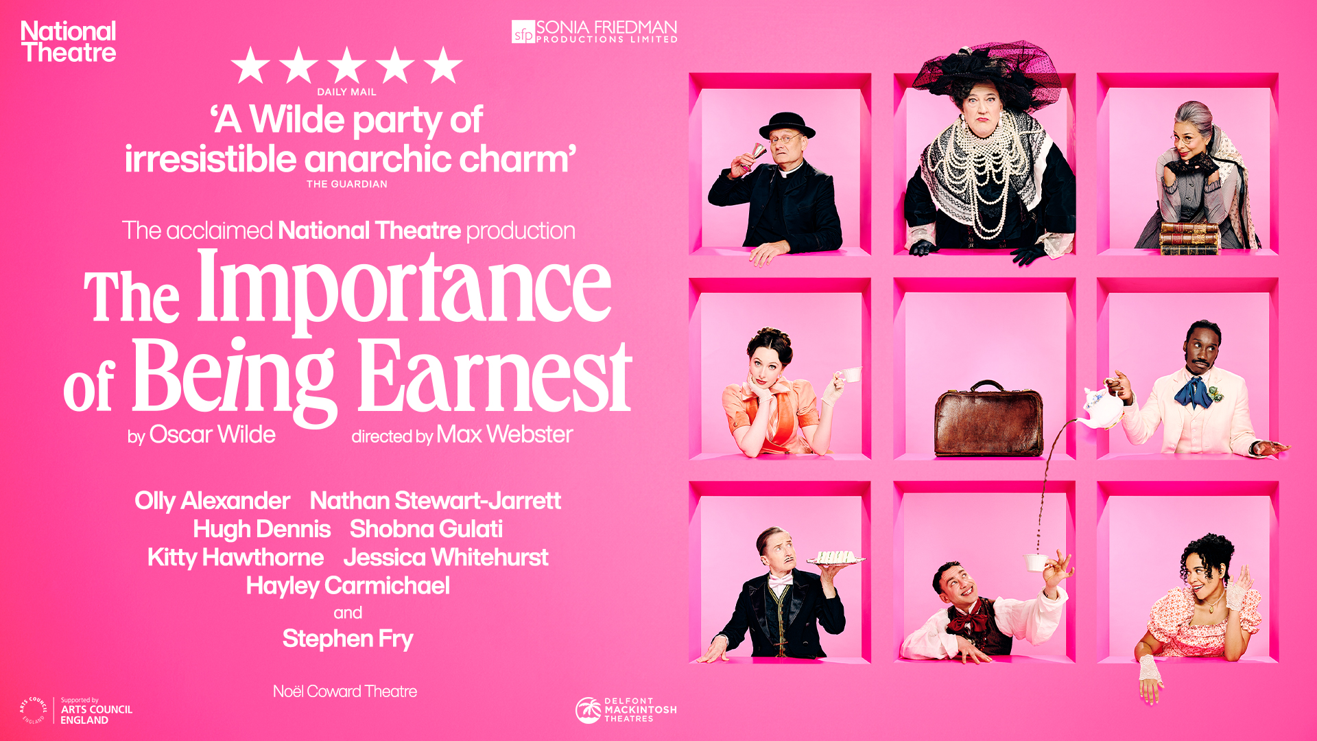 Artwork for the play 'The Importance of Being Earnest', showing the different characters appearing in window frames against a pink background.
