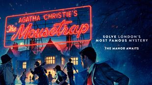 Official poster of the murder mystery play The Mousetrap featuring tcharacters running towards a manor in the middle of the night, and the name of the play as a red neon sign.
