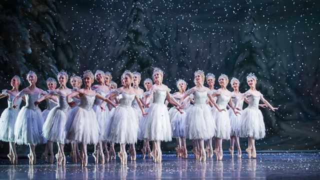 Un groupe de ballerines danse sous la neige dans Casse-Noisette.