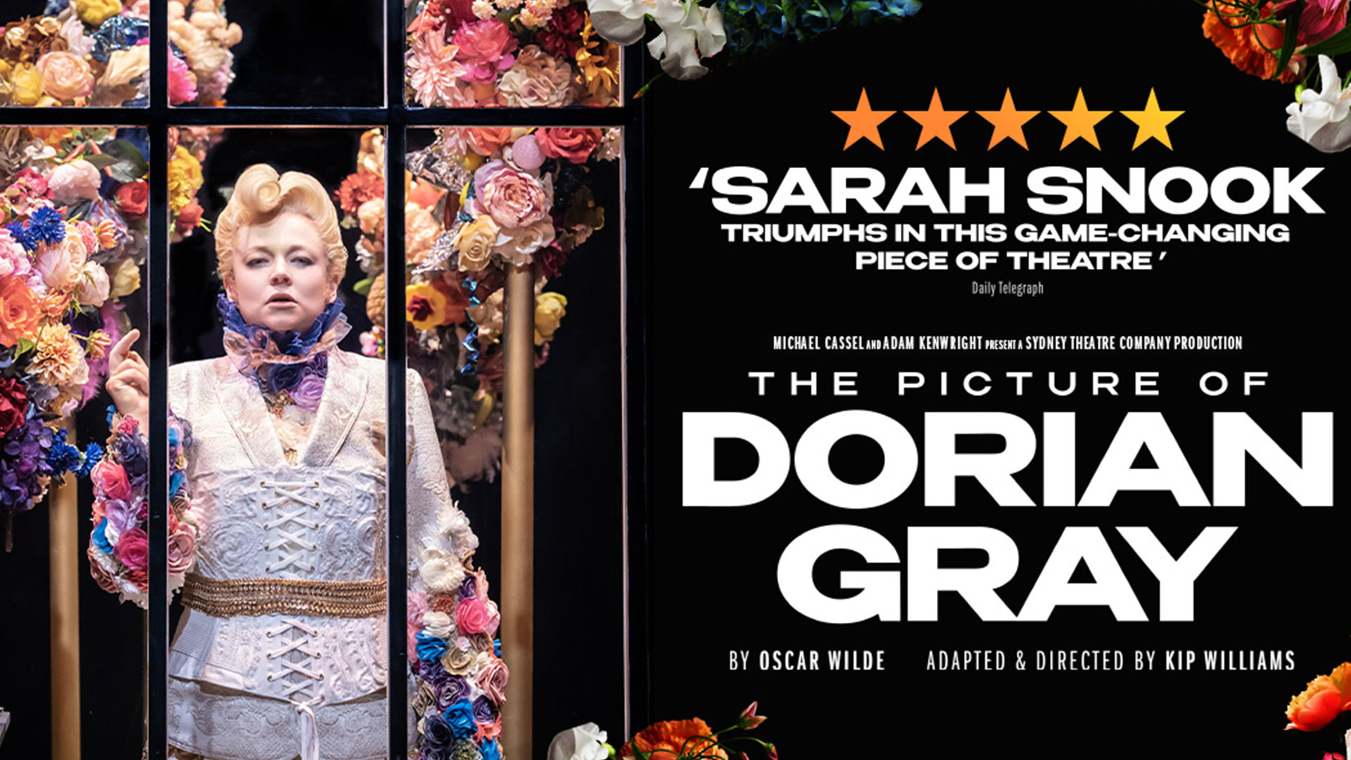 Sarah Snook, star of Succession, stunned audiences in a modern reimagining of The Picture of Dorian Gray, winning her the coveted Olivier and Tony Awards for Best Actress in a Play. Image courtesy of London Theatre Direct. A poster promoting the play The Picture of Dorian Gray, featuring Sarah Snook standing behind a window surrounded by colourful flowers.