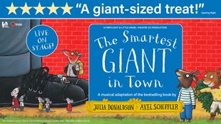 This is the artwork for the children's theatre show The Smartest Giant in Town, showing miniature-sized animals looking up at a giant dressed in clothes.