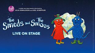 Two alien figures in blue and red on a blue background with the title of the play on the poster in white letters.