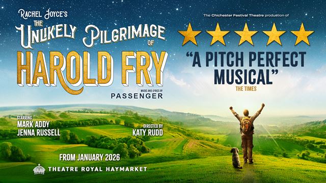 This is the artwork for the musical The Unlikely Pilgrimage of Harold Fry, showing a man and a dog standing on top of a green valley overlooking the British countryside.