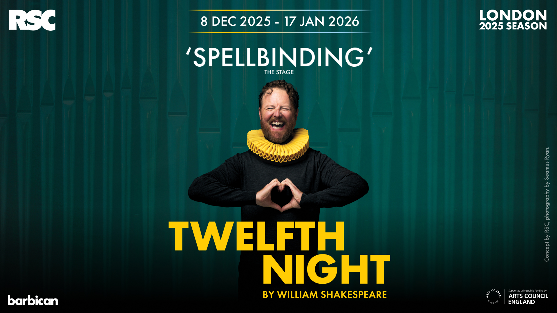 See the enchanting adaptation of the classic Shakespeare comedy Twelfth Night at the Barbican Theatre. Image courtesy of London Theatre Direct. Official artwork for Twelfth Night at the Barbican featuring a person in the centre above a yellow title.