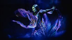 Elphaba, the Wicked Witch of the West, is shown on stage, opening her arms with her clothes flying around her.