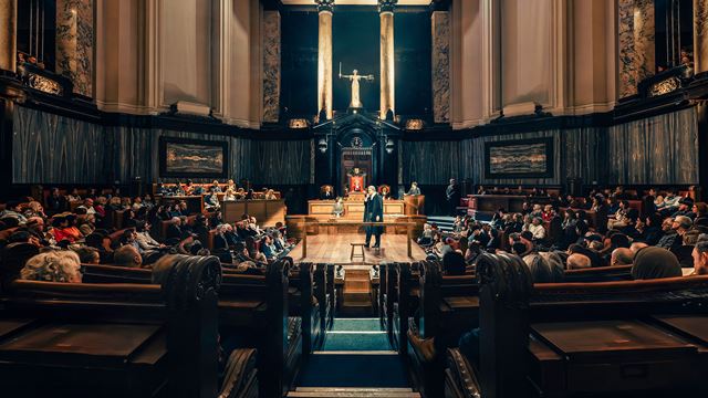 The historic courtroom at the London County Hall is used for the stage adaptation of Agatha Christie's story: Witness for the Prosecution.