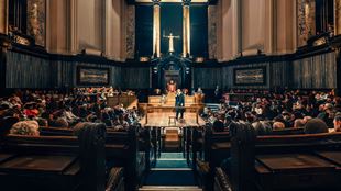 The historic courtroom at the London County Hall is used for the stage adaptation of Agatha Christie's story: Witness for the Prosecution.