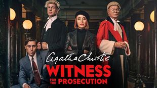Four characters stands in the middle, with one judge, one lawyer, a man wearing a suit, and a women wearing a a black leather outfit.