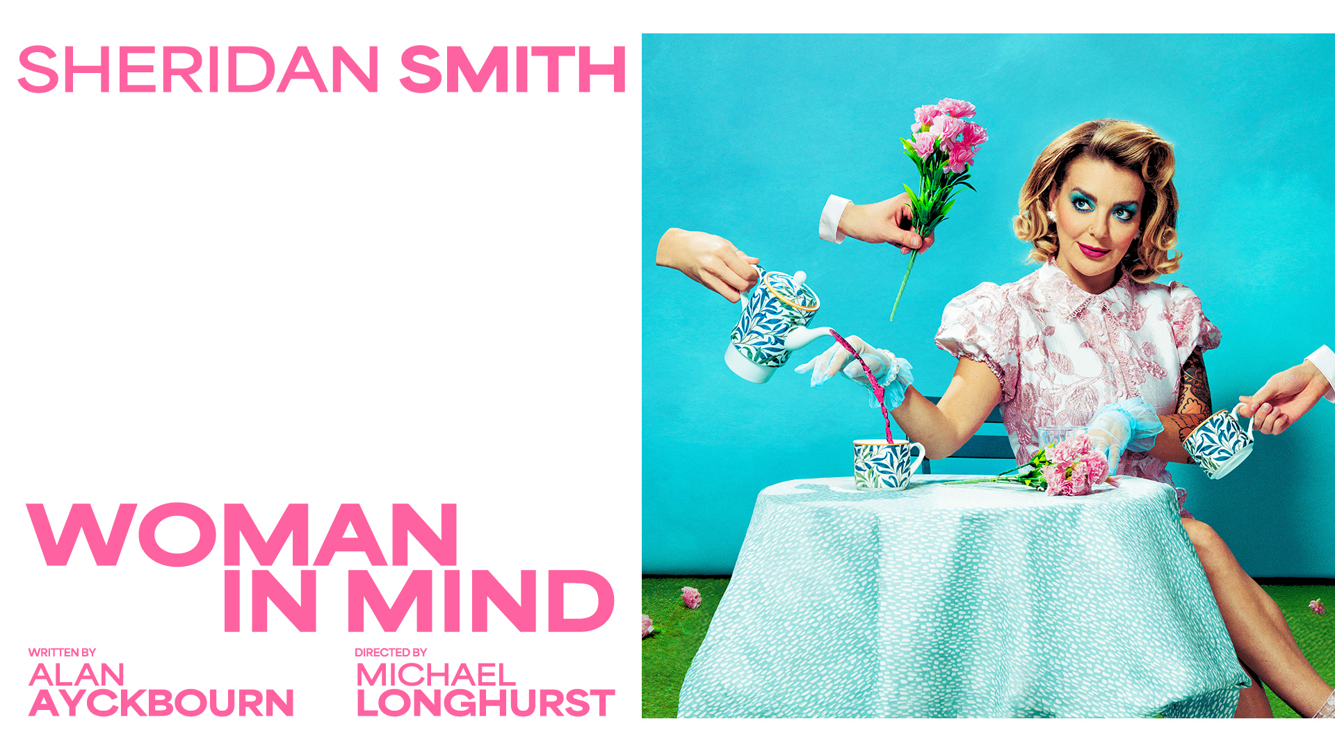 The artwork for Woman in Mind shows Sheridan Smith sitting at a table with hands floating in the air, serving up drinks.