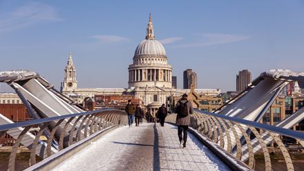 The London Millennium Bridge in the snow. Credit: Shutterstock. Image courtesy of Shutterstock.