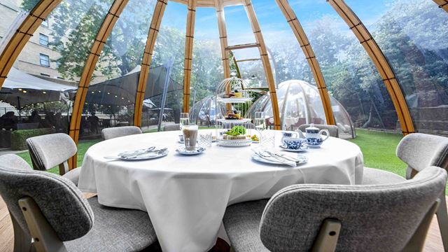 Outdoor dome with dining table set up for afternoon tea 