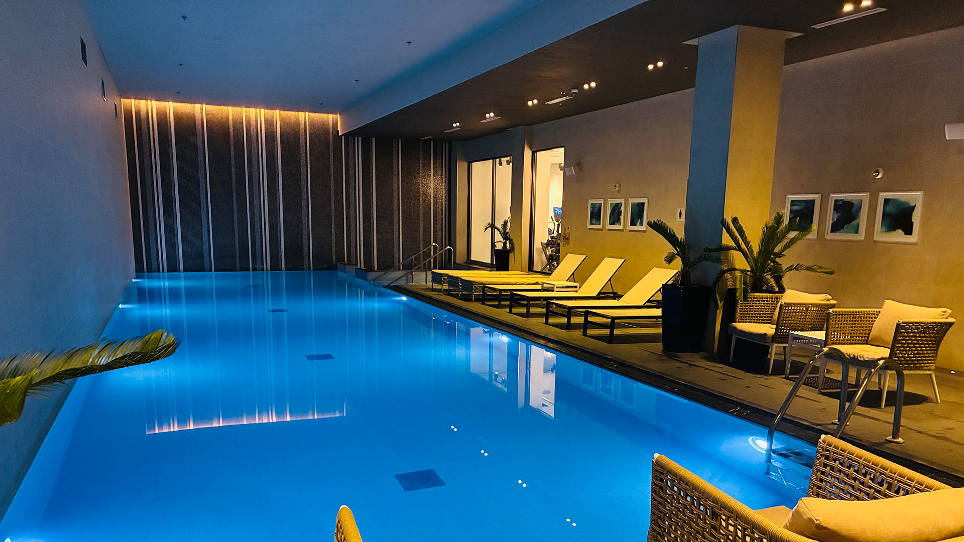A hotel swimming pool with sun loungers at the side