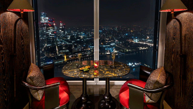 View of London at night from GONG bar inside Shangri-La The Shard