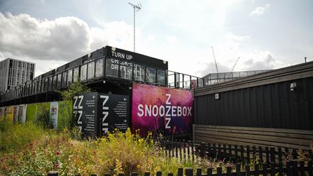 Book a stay at Snoozebox Olympic Park, just across the road from ABBA Arena. Credit: Snoozebox. Image courtesy of The Portable Living Group.