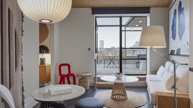 Hotel room at One Hundred Shoreditch in London.