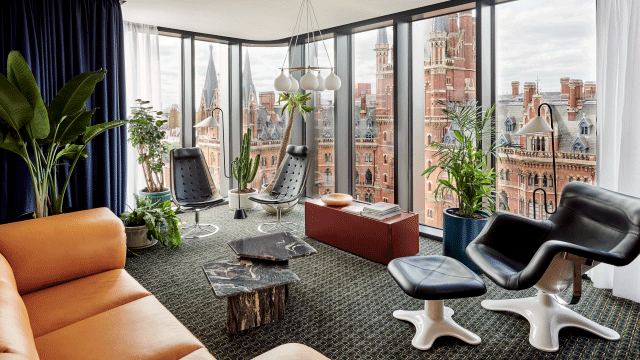 Designer furniture and plants inside room at The Standard